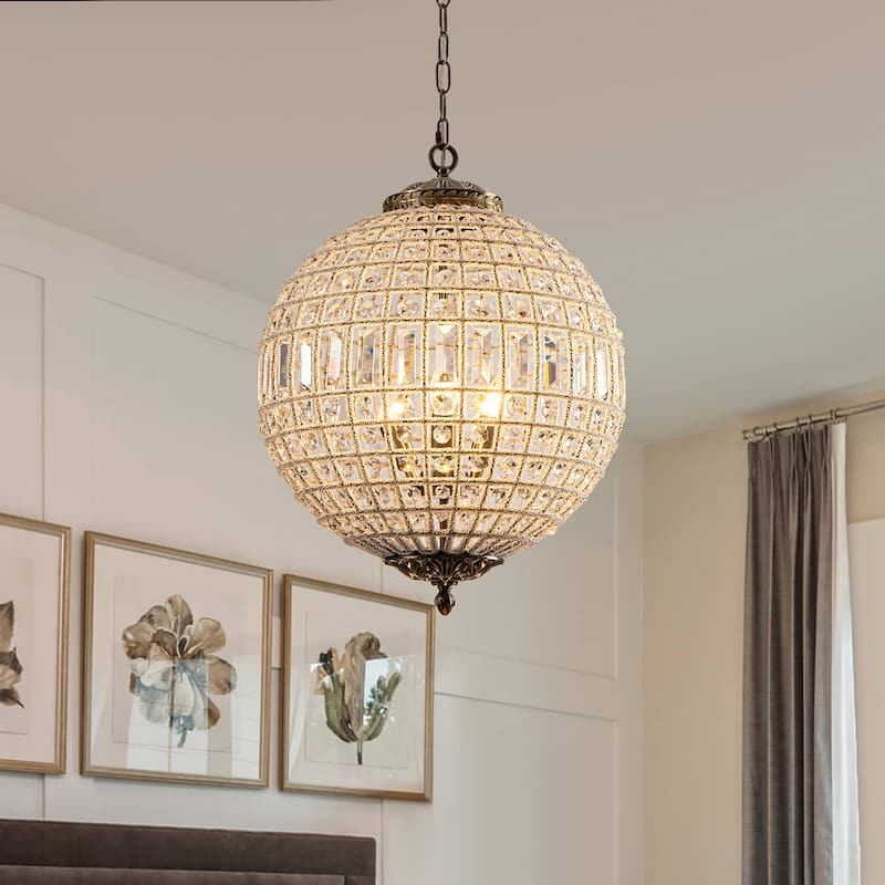 1/3/5-Light Retro French Crystal Globe Chandelier - 3-Light 17.7" W - Antique Bronze
