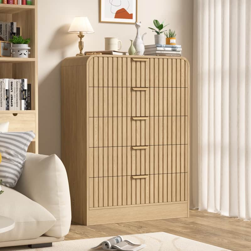 VEIKOUS 5-Drawer Chest of Drawers with Curved Edges & Waveform Fluted Panel Design, Wooden Dresser for Bedroom