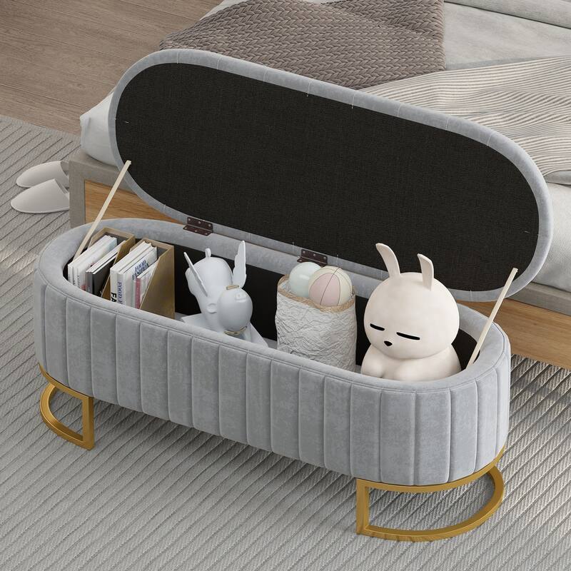 Elegant Velvet Storage Ottoman with Button-Tufted Top, Metal Legs