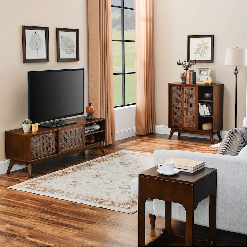 Mid Century Modern Rattan TV Stand for 65 Inch TV, Entertainment Cabinet, Media Console