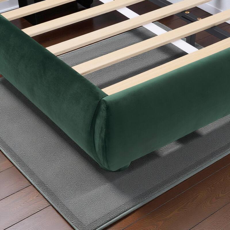 Modern Fabric Upholstered Bed with Curved Headboard, Strong Metal Frame, Queen/King Size Platform Bed