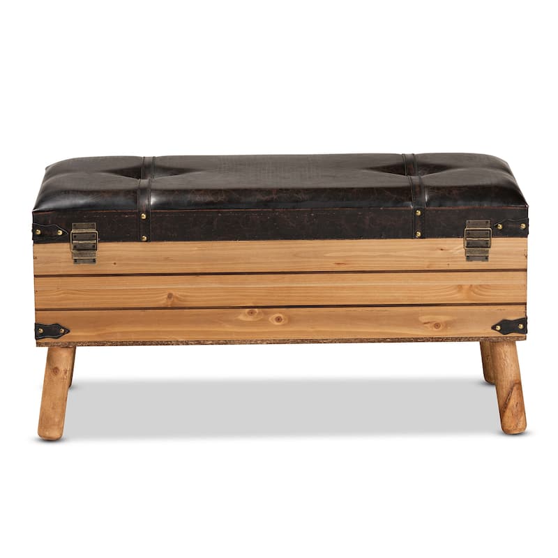 Amena Dark Brown PU Leather and Oak Wood Large Storage Ottoman