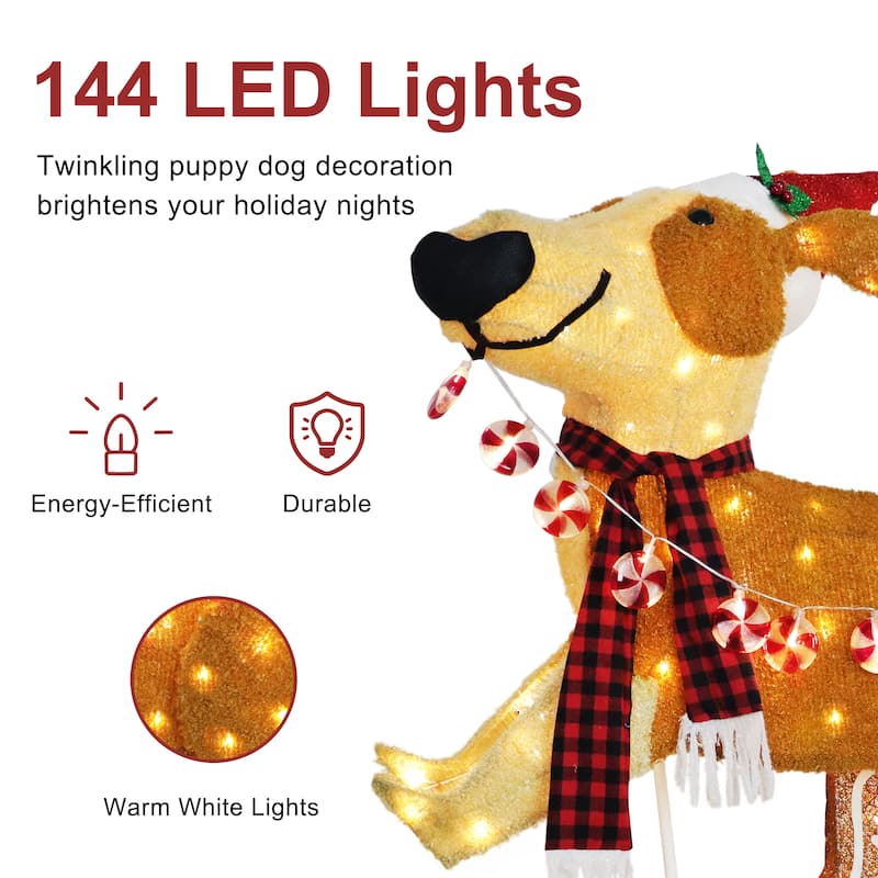 Puleo International 4' Pre-Lit Outdoor Puppy Christmas Holiday Decor with 144 Warm White Twinkling LED Lights - Brown