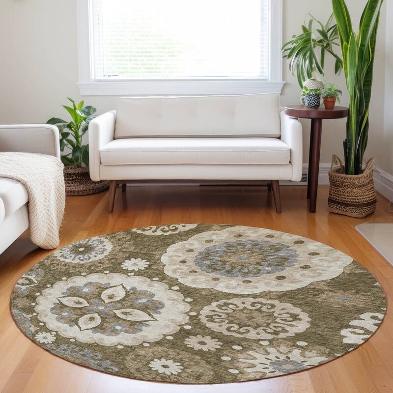 Premium Washable Super Soft Boho Suzani Mayfield Rug - Brown - 8' x 8' - Round
