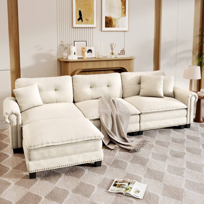 MAISON ARTS Mid-Century Modern Oversized L/U Shaped Cloud Couch with Ottoman, Deep Seat Sectional Sofa with Throw Pillows - L-Shaped White Chenille(4-Seater)