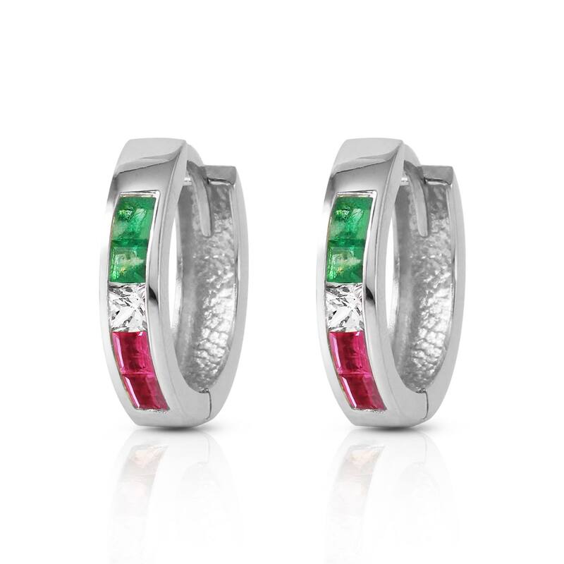 1.28 Carat 14K Solid Gold Tri Gem Round Hoop Gemstone Earrings