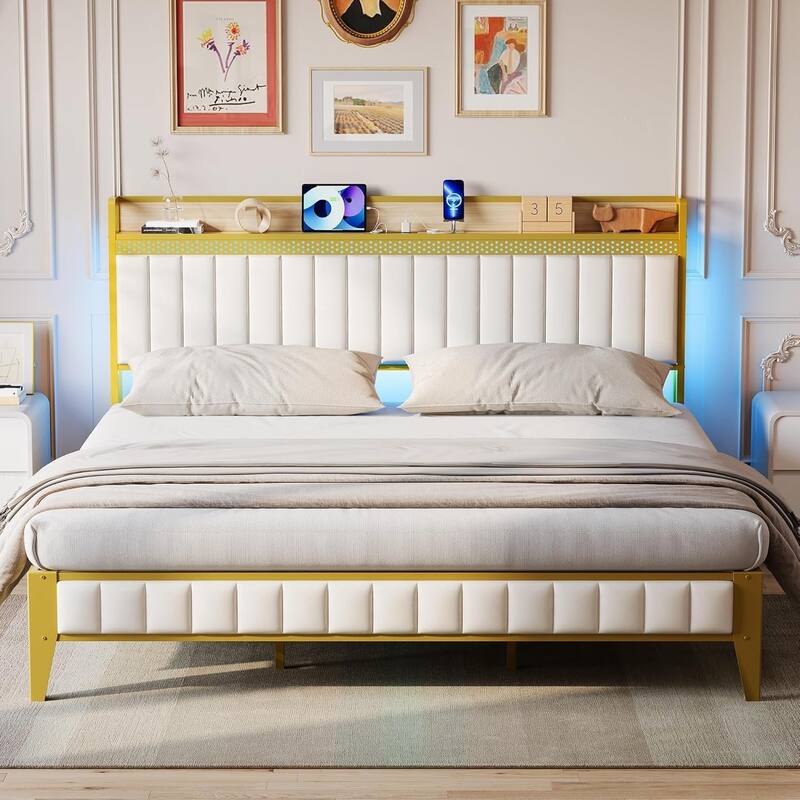 White & Gold Upholstered Platform Bed with LED Light, Charging Station & Storage Headboard, Noise Free