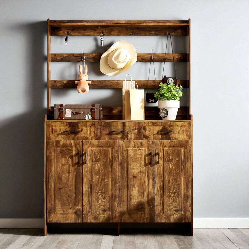 51.2" Hallway Shoe Cabinet with Coat Rack, 4 Doors, 3 Drawers, 8 Shelves & Metal Hooks - Rustic Brown