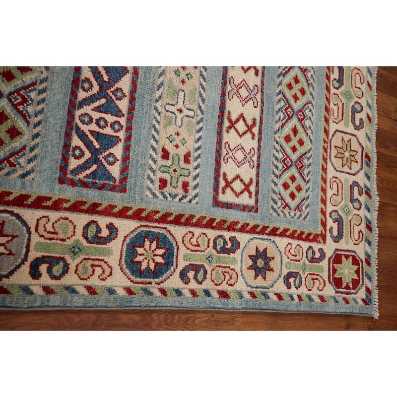 Geometric Blue Kazak Oriental Runner Rug Hand-Knotted Wool Carpet - 3'2" x 16'1"