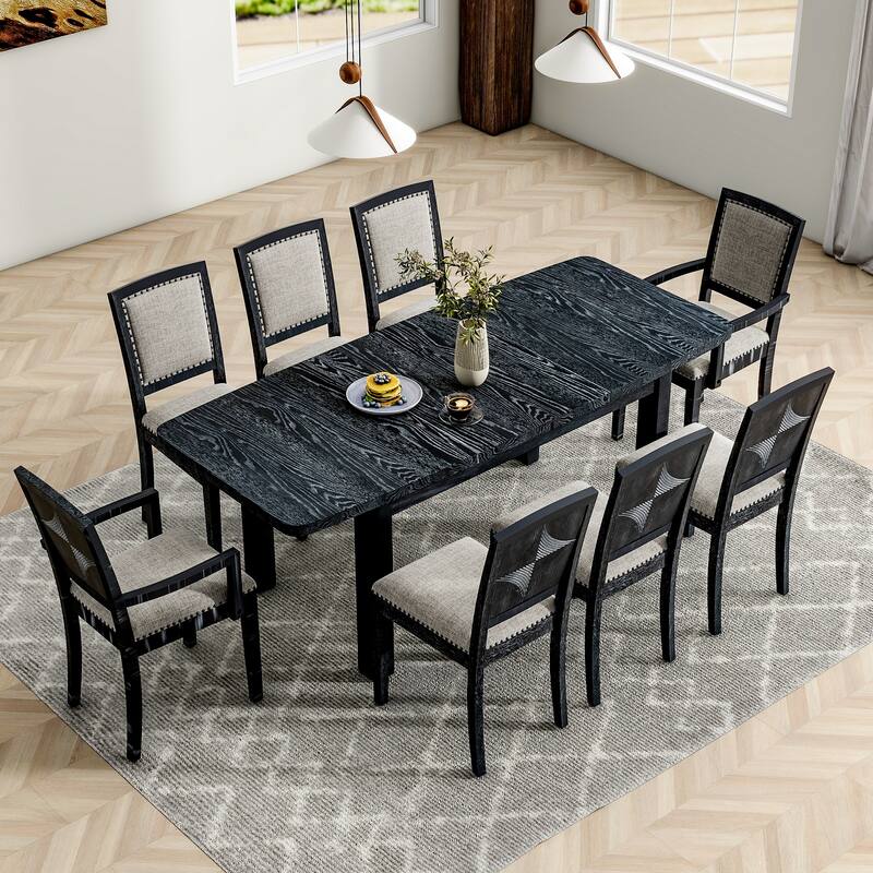 9 Pieces Extendable 84 inch Dining Table Set, 6 Upholstered Armless Dining Chairs and 2 Padded Arm Chairs
