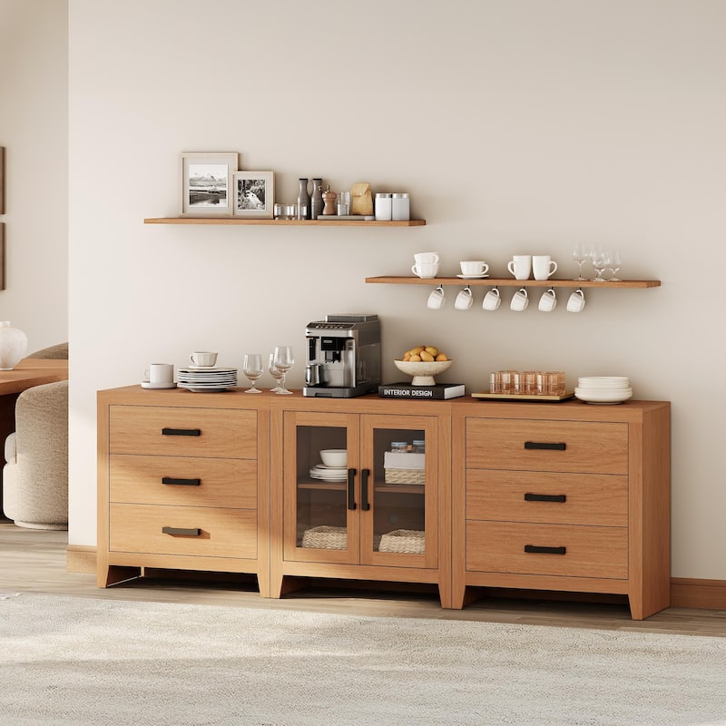 WAMPAT Farmhouse Buffet Cabinet with Glass Doors and Drawers, 3-Piece Modular Sideboard - Mocha