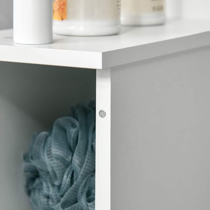 Tall Bathroom Storage Cabinet, Linen Tower with 2 Open Shelves and 2 Door