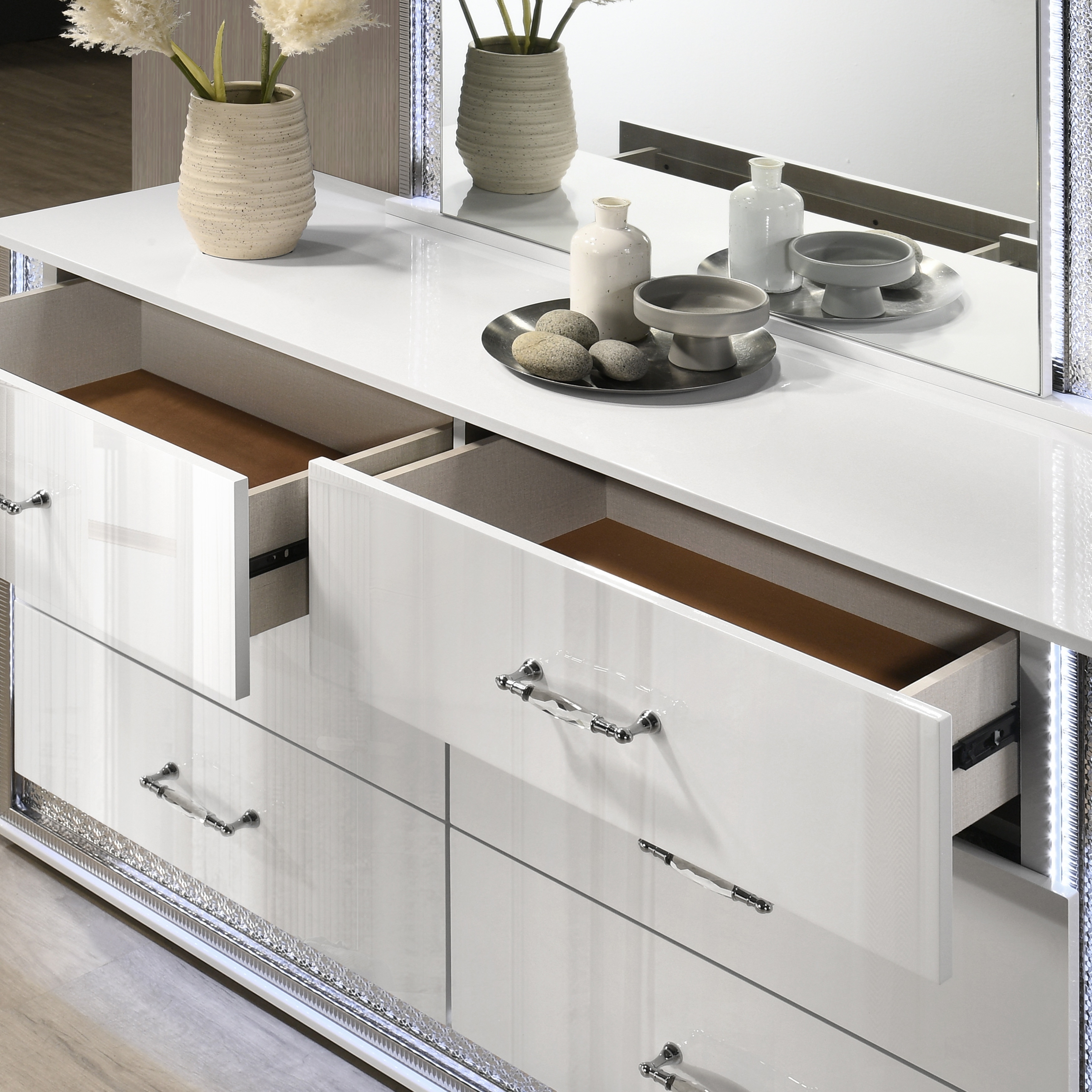 modern dresser with mirror Victoria Dresser & Mirror Set in Grey Oak Veneer & Grey Marble Look