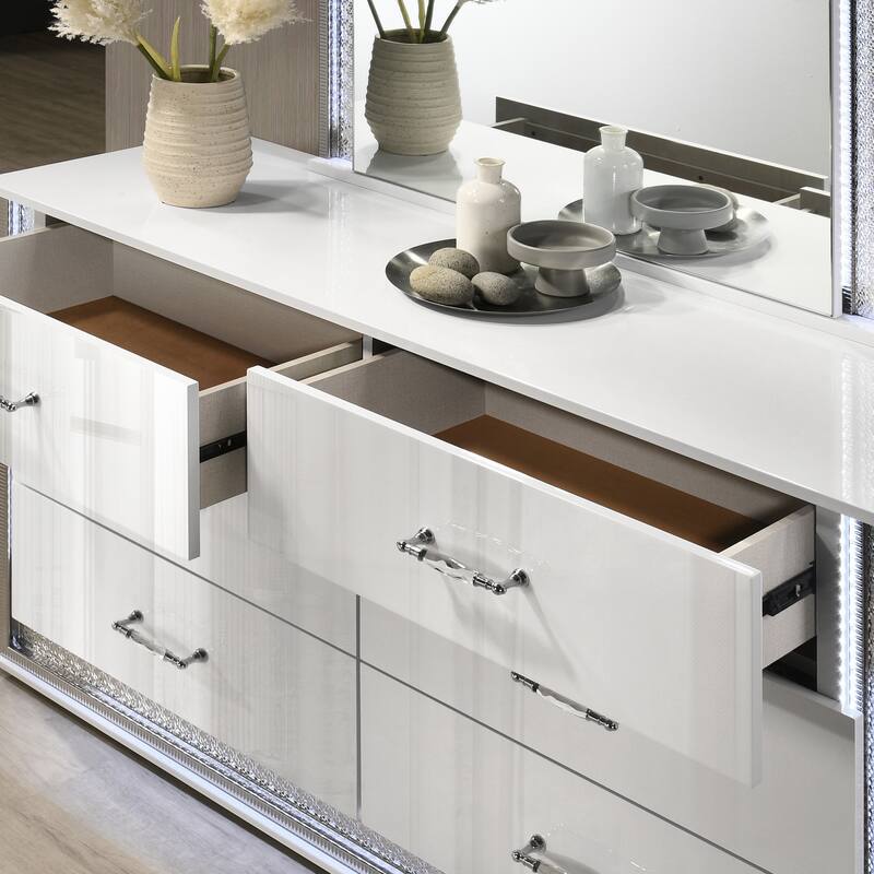 Furniture of America Andrea Modern 2-Piece White 6-Drawer Dresser and Mirror Set with LED Accent Lighting