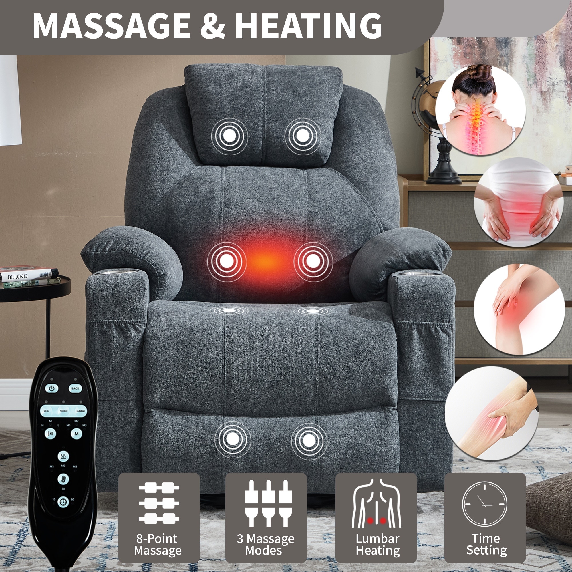 Power Lift Massage Chair with Heat, USB & Cupholders - Up to 350 LBS