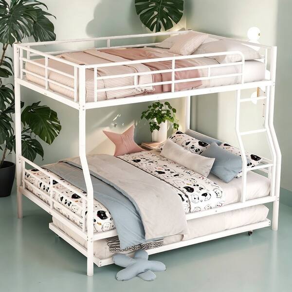 slide 2 of 9, Industrial Modern Full XL Over Queen Metal Bunk Bed with Trundle, Save Space or Split Into 2 Beds, Crafted For Safety, White White