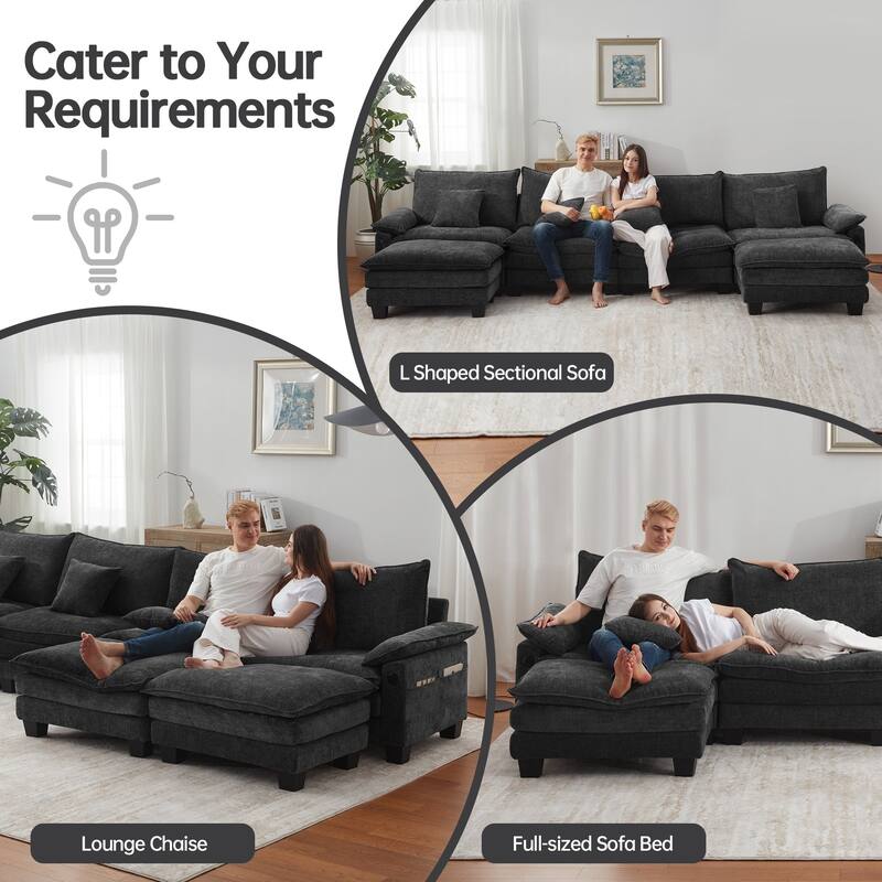 144" Modular Compression Sofa Set Convertible Sectional Sleeper Couch with 2 Ottomans