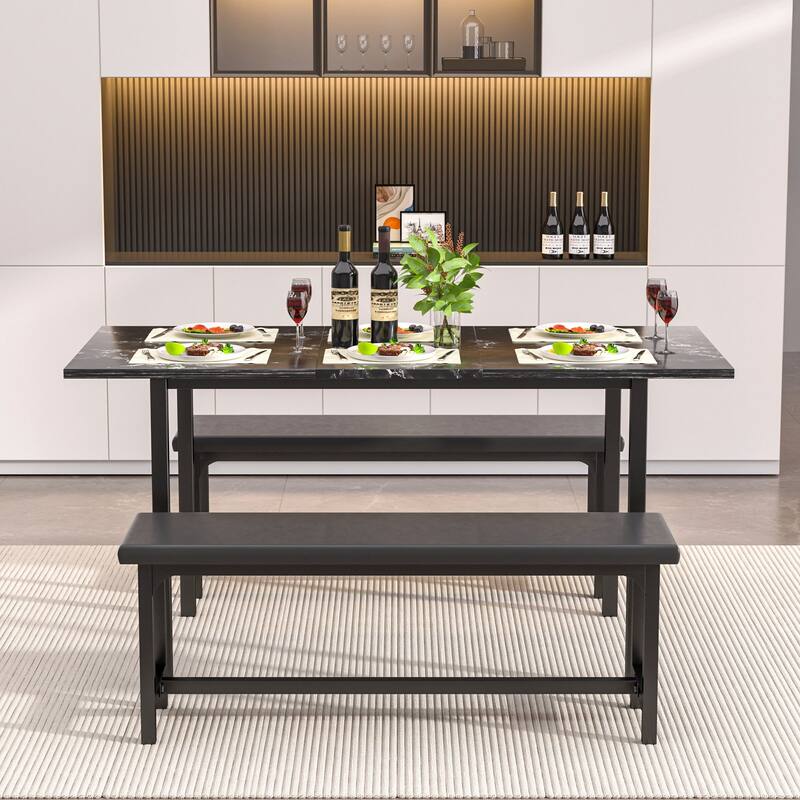VECELO 3-Piece Dining Table Set with 2 Benches, 63" Extendable Kitchen Table & Chairs Set for 4-8, Dining Room Table