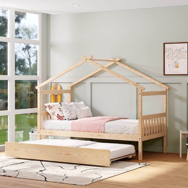 Wooden House Bed with Twin Size Trundle
