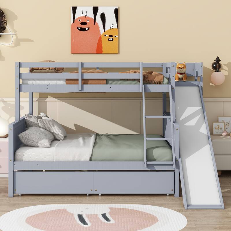 Twin over Full Bunk Bed with Slide, Drawers, Shelves, and Ladder in Grey
