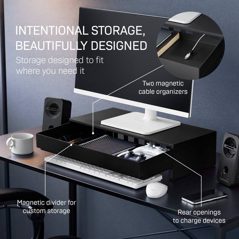 Yamazaki Home Monitor Stand With Drawer, Steel - L 16.1 x W 19.7 x H 5 inches