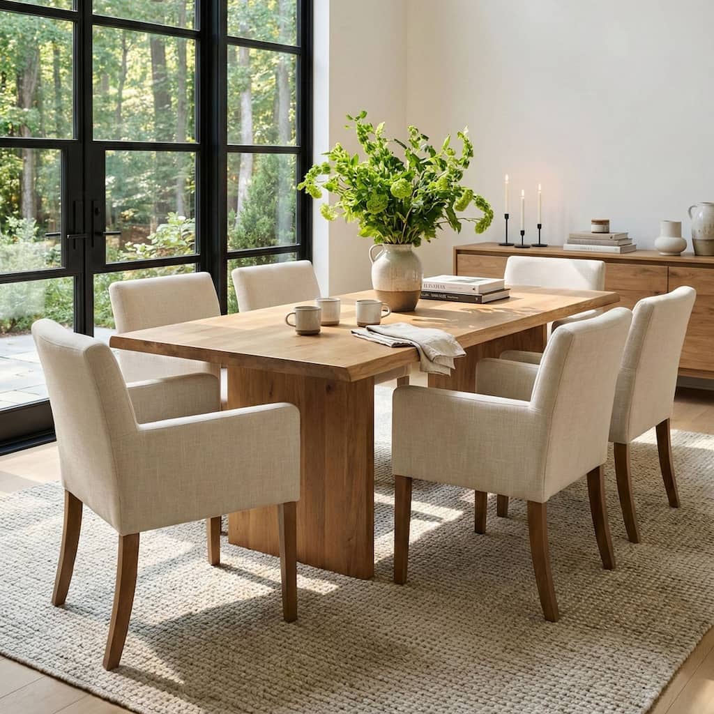 Linen Upholstered Armchairs with Wide Seat, High Back and Solid Wood Legs, Set of 6