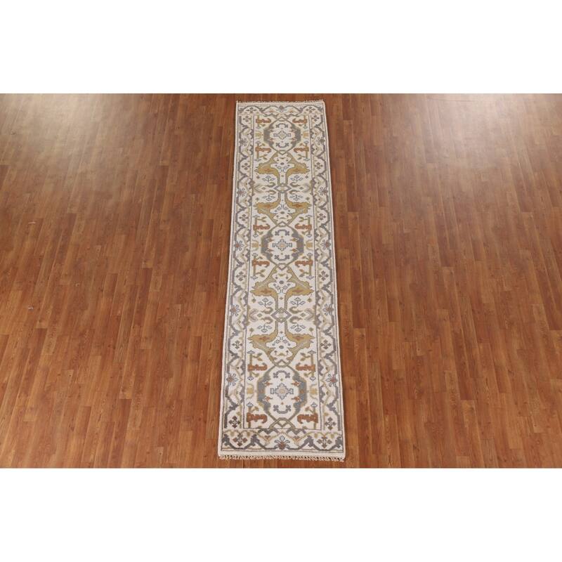All-Over Ivory Oushak Indian Runner Rug Hand-knotted Wool Carpet - 2'6"x 10'2"