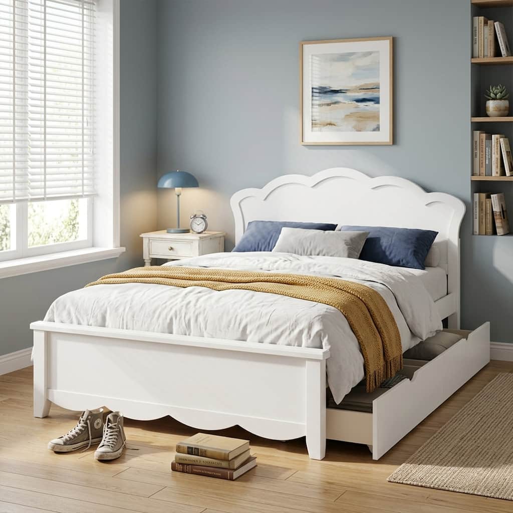 Javlergo Twin Full Size White Wood Platform Bed with Headboard and Two Storage Drawers Solid Wood Frame No Box Spring Needed