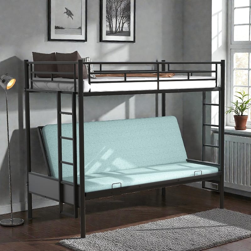 Twin over Full Metal Bunk Bed with Futon Sofa, Multi-Function Convertible Design, Heavy-Duty Steel Frame