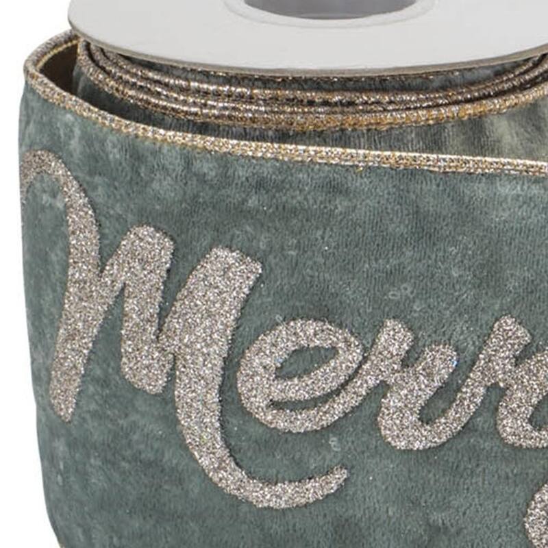 HomeRoots 4" Green And Gold Glittered Merry Christmas Wired Ribbon