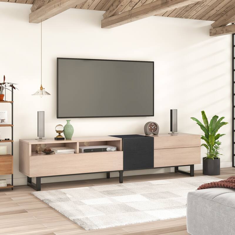 Natural+Black 70.9" TV Stand with Double Storage for 80" TVs