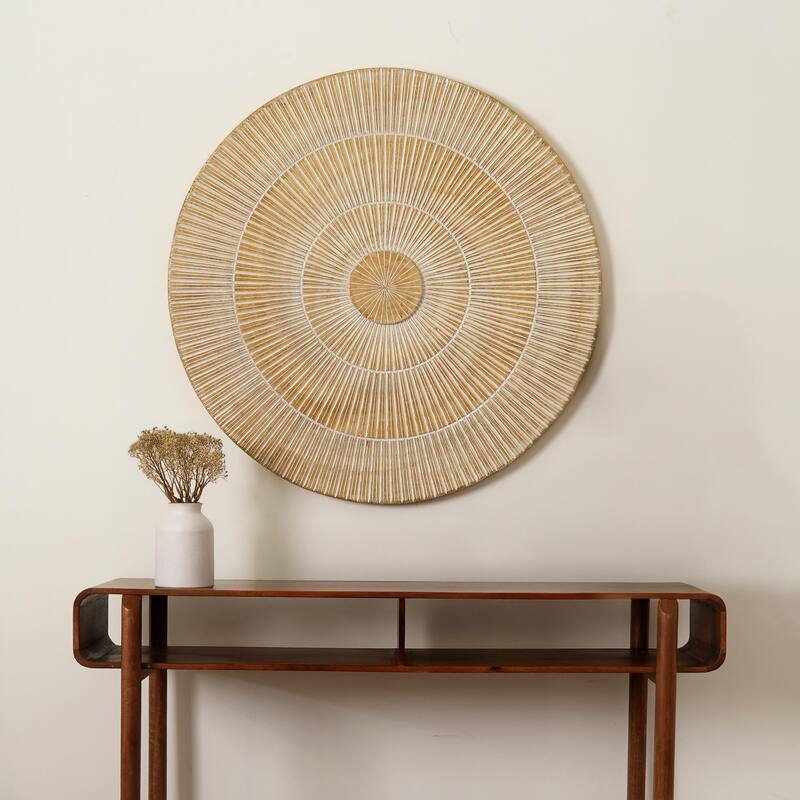 Textured Grooves And Etched Ring Patterns Handcarved Round Wheel Style Wood Wall Decor-36" - Brown+Antique White