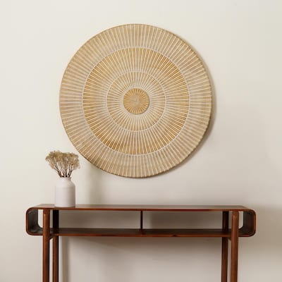 Textured Grooves And Etched Ring Patterns Handcarved Round Wheel Style Wood Wall Decor-36"