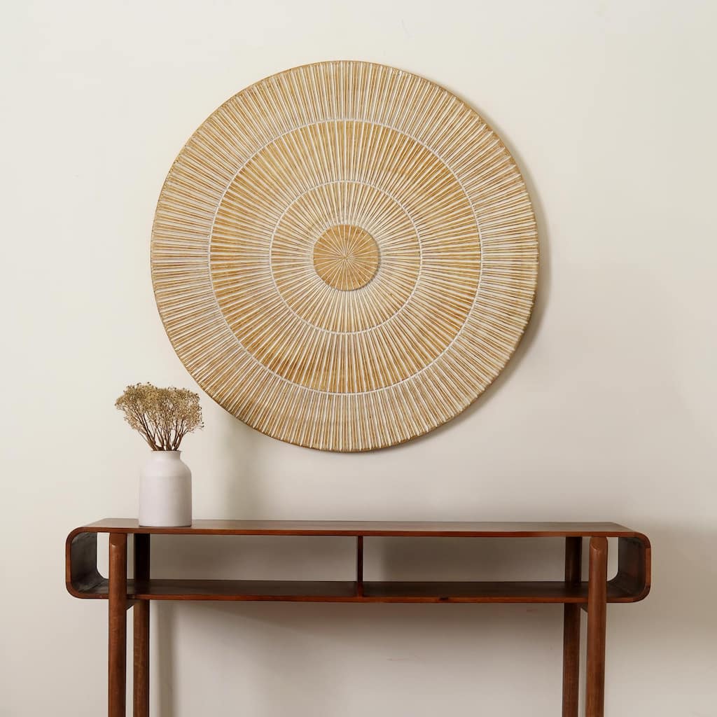 Textured Grooves And Etched Ring Patterns Handcarved Round Wheel Style Wood Wall Decor-36"