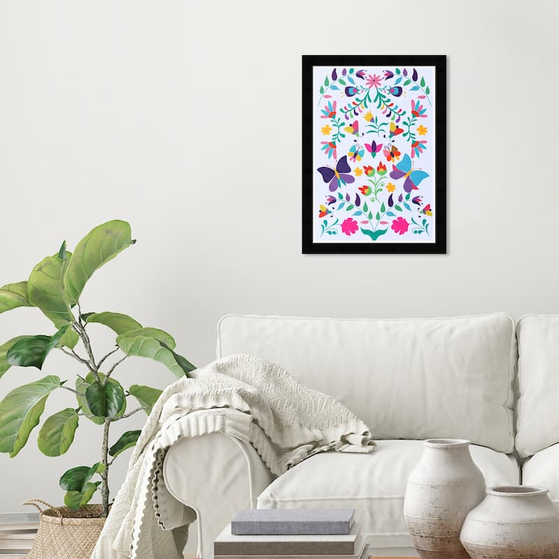 "Colorfull Floral II", Flowers and Butterflies Pattern Traditional Pink Framed Wall Art Print for Bedroom