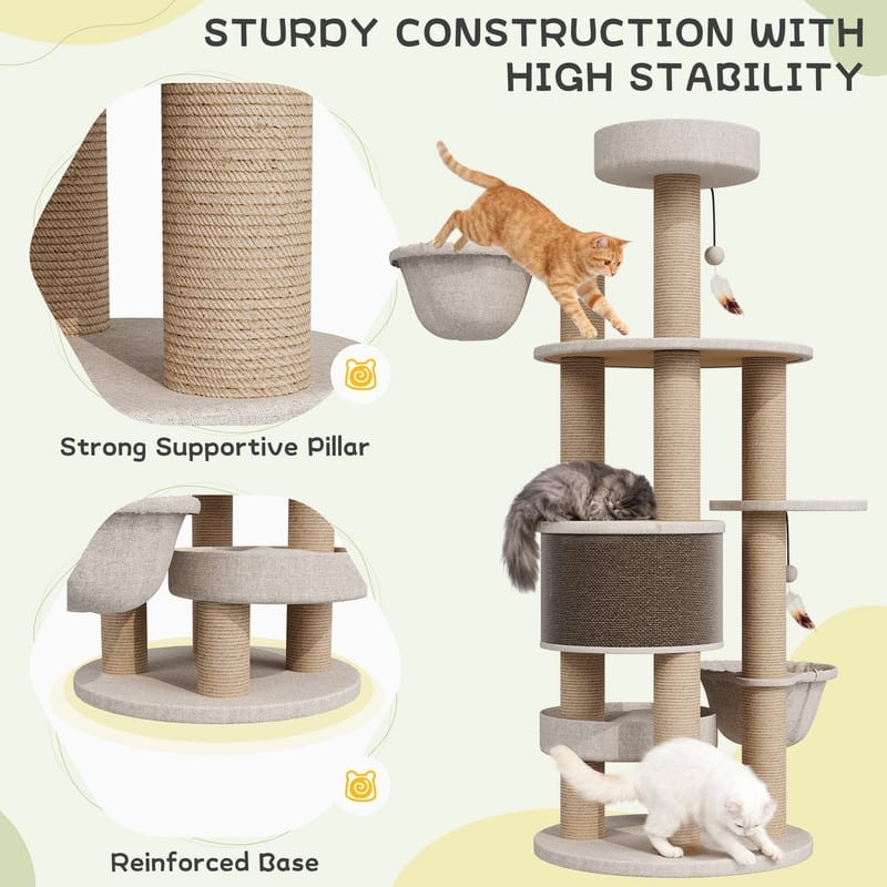 64"H Cat Tree Tower with Scratching Posts and Toys, Multi-Function Cat House for Indoor Cats - 64"