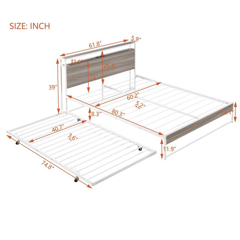 Metal Queen Bed Frame with Trundle and Socket - White