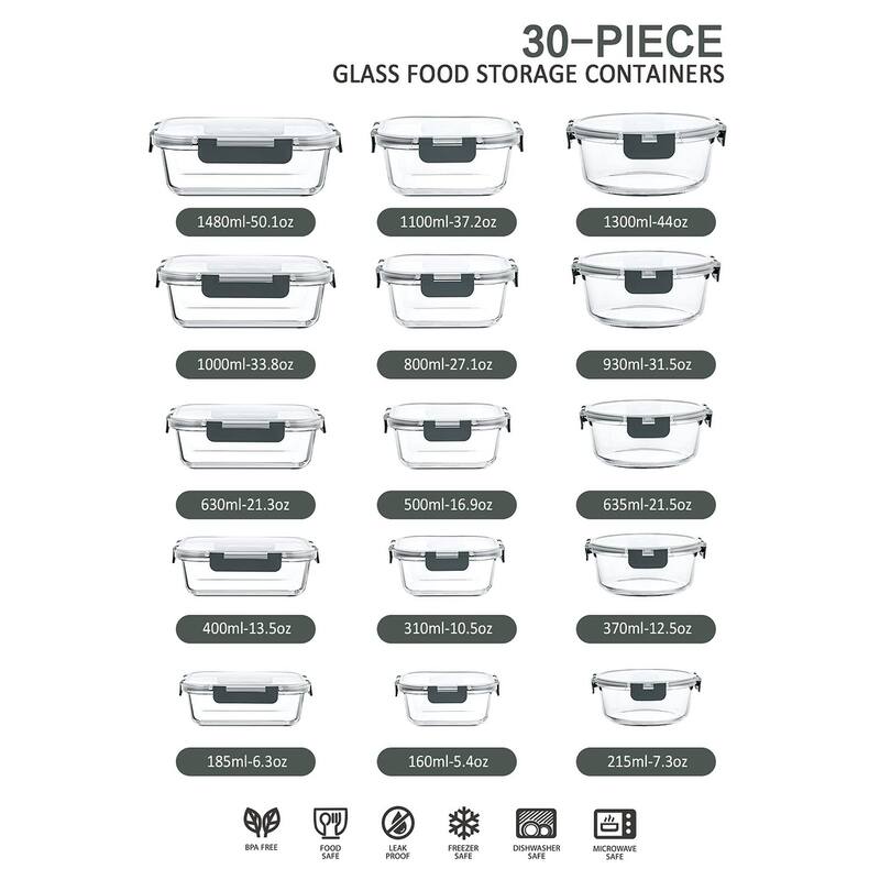 30 Pieces Glass Food Storage Containers with Snap Locking Lids,Glass Meal Prep Containers Set - Airtight Lunch Containers