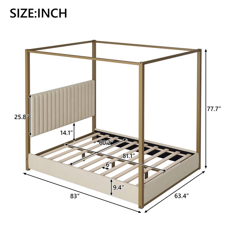 Queen Size Upholstered Canopy Bed, Metal Four Poster Platform Bed Frame with Vertical Striped Headboard, Wooden Slat Support