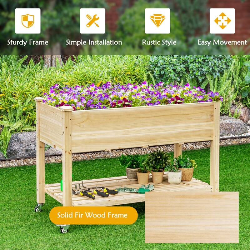 Costway Raised Garden Bed Wood Elevated Planter Bed w/Lockable Wheels - See Details