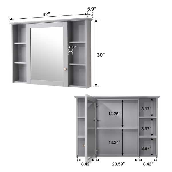 dimension image slide 2 of 12, Modern Surface Mount Solid Wood Framed Medicine Cabinet With Mirror and Shelves