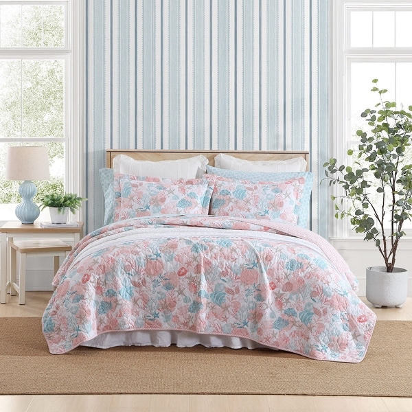 Laura Ashley Swimtime Cotton Reversible Pink Quilt Set - On