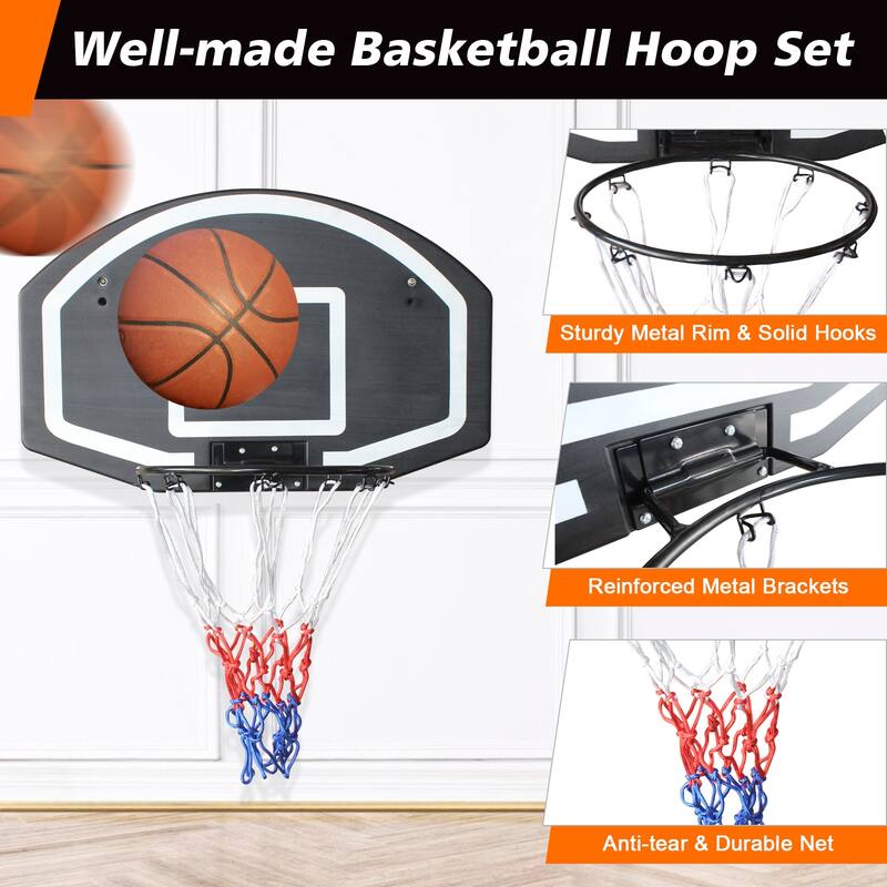 Roomfitters Wall-Mounted Basketball Hoop, 28.5x18 Inch Shatterproof Backboard, Folding Hoop with All-Weather Mesh, Black+Blue
