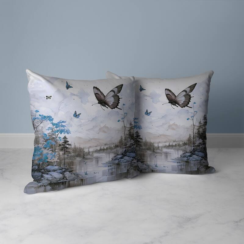 Fluttering Floral Heights Faux Suede Reversible Throw Pillow Gray and Cyan