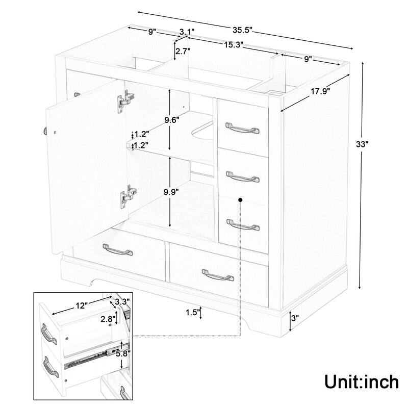 36" Bathroom Vanity with Sink Combo: Six Drawers, Multi-Functional Divider, Adjustable Shelf