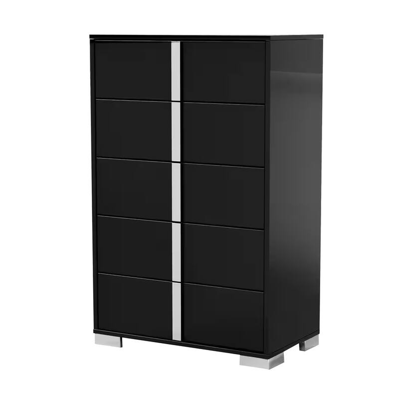 Suni Tall Dresser Chest, Piano Black Wood with UV Finish, 5 Drawers