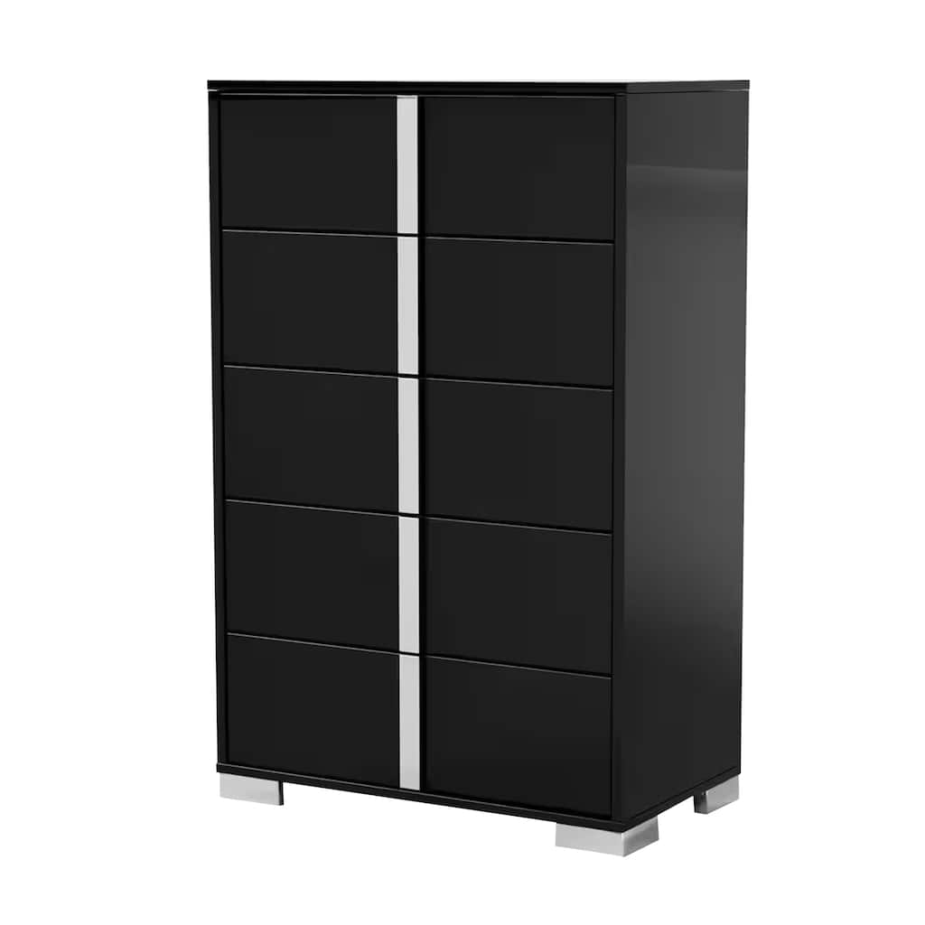 Suni Tall Dresser Chest, Piano Black Wood with UV Finish, 5 Drawers
