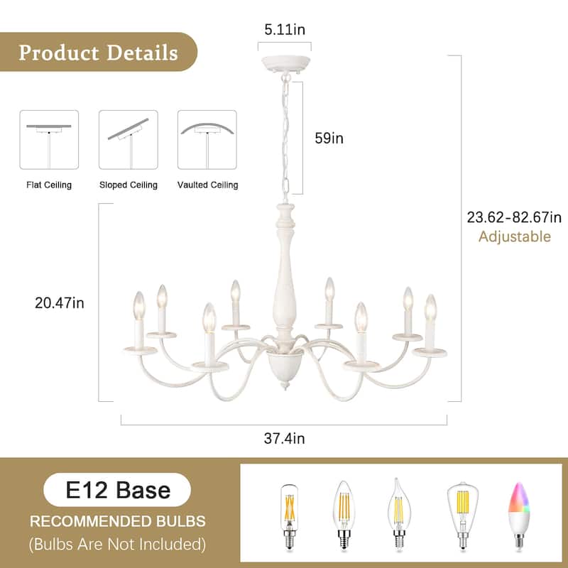 Modern Farmhouse Chandelier, 8-Light Candle Chandelier for Living Room Kitchen Island Dining Foyer - W37.4"x H20.47"