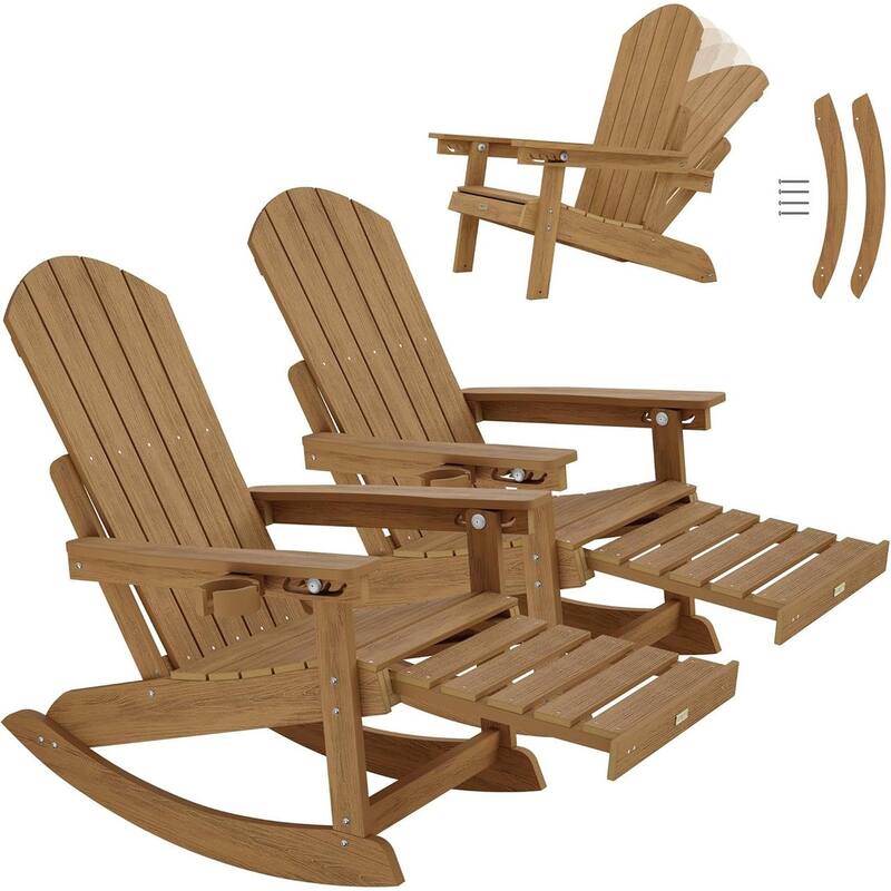 WINSOON HIPS Outdoor Rocking Chair with Adjustable Backrest and Retractable Ottoman-Set of 2 - Teak