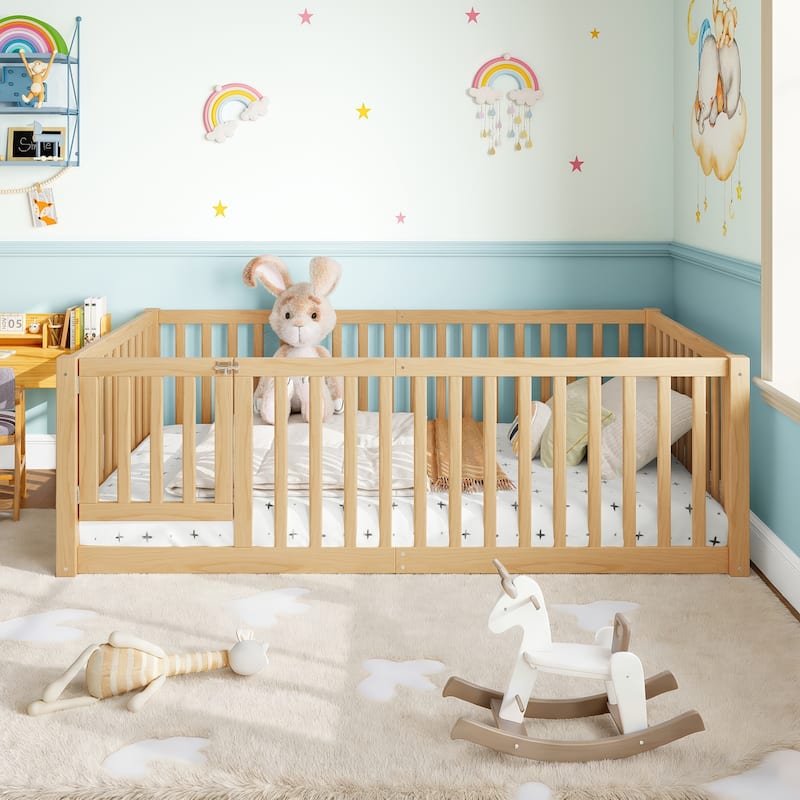 Montessori Floor Bed with Safety Guardrails & Door, Kids Low Profile Frame, Available in Queen/Full/Twin - Natural - Twin
